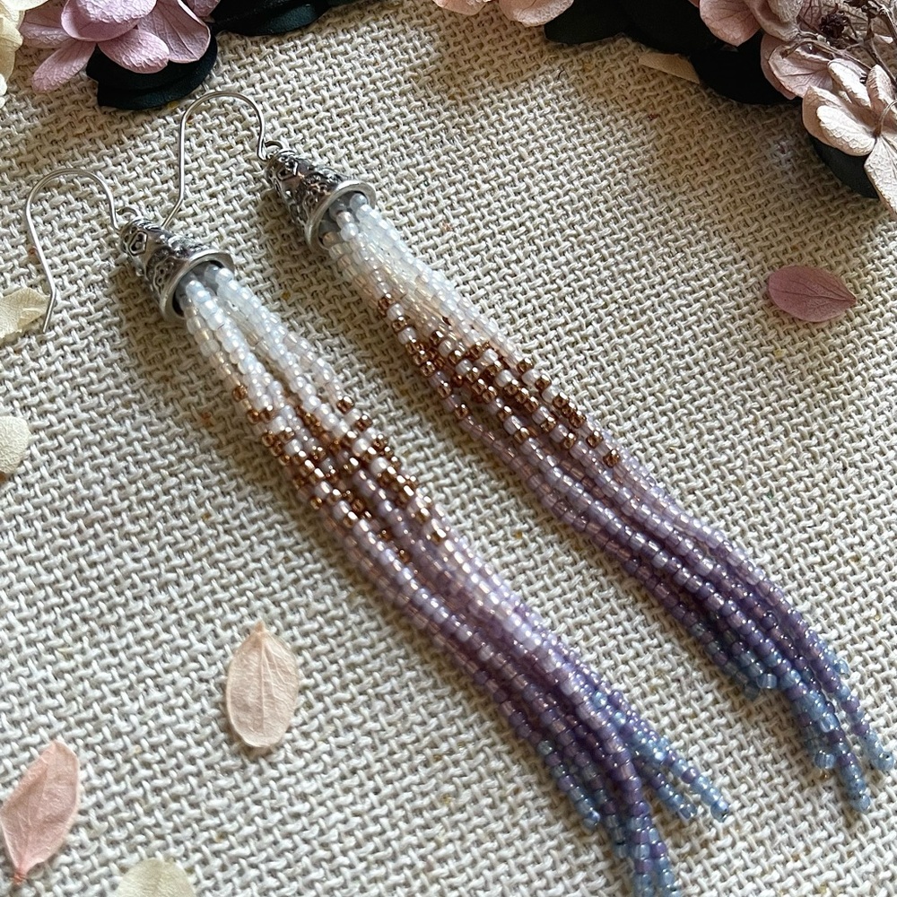 Purple, blue, white, bronze, and light peach Beaded Tassel Earrings